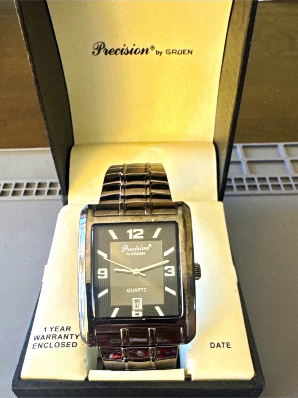 Precision by Gruen Men's Black Rectangle Stainless Steel Quartz Watch
